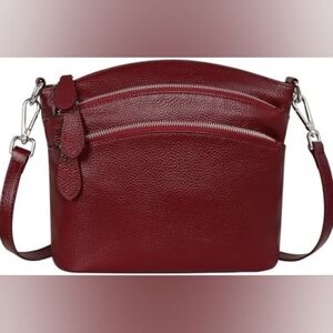 HESHE Red Genuine Leather Crossbody Bag Multi-Zipper Pockets Adjustable Strap
